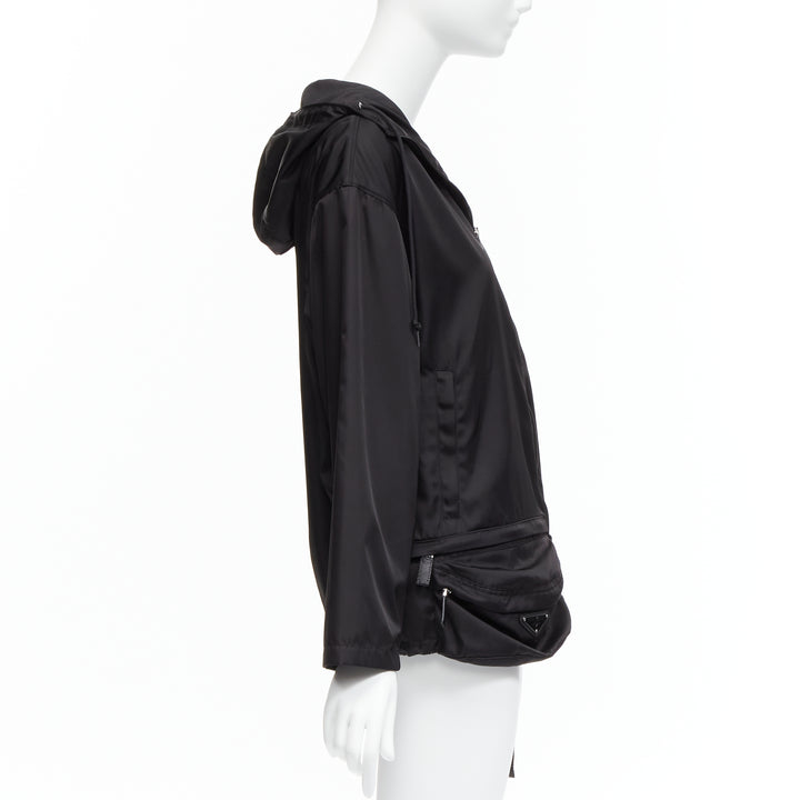 PRADA 2019 black nylon triangle logo waist bag hooded windbreaker jacket IT36 XS