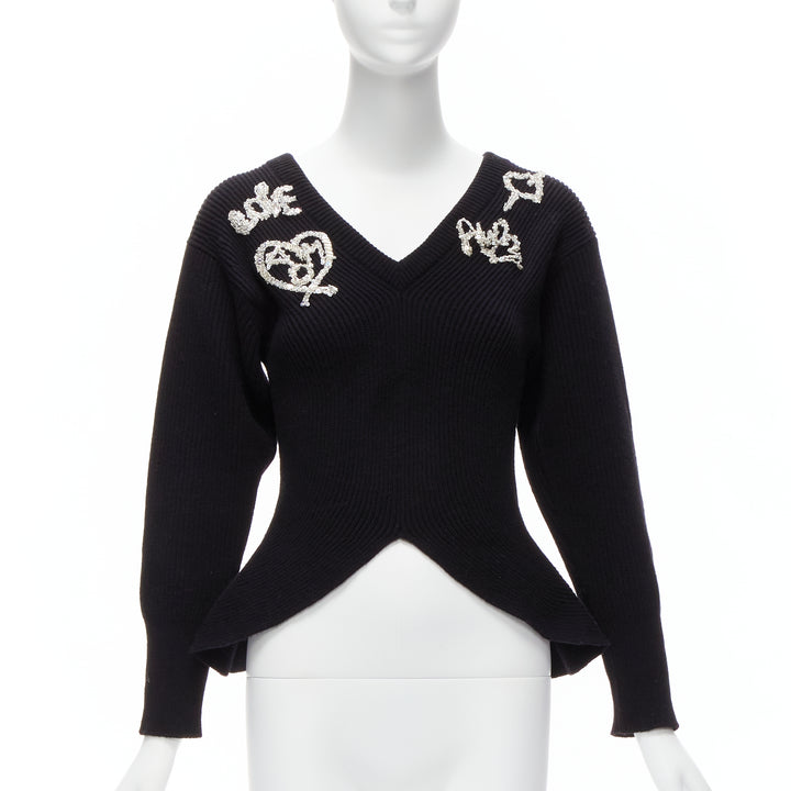 ALEXANDER MCQUEEN 2022 black logo beads embellished peplum ribbed sweater S