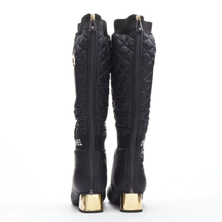 CHANEL 2021 black gold CC logo padded nylon block heeled high boots EU38.5