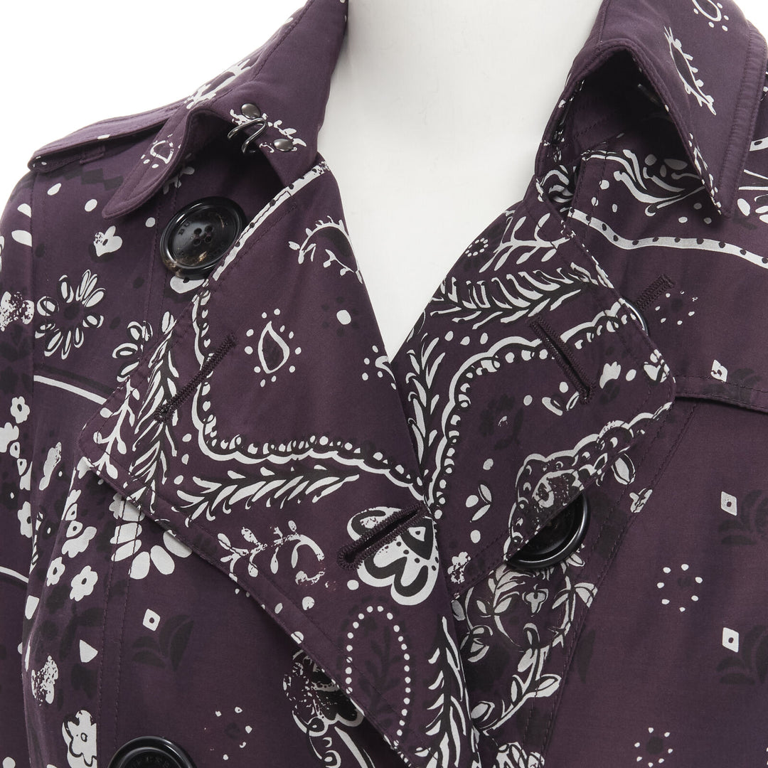 BURBERRY PRORSUM purple paisley bandana print double breasted trench coat UK6 XS