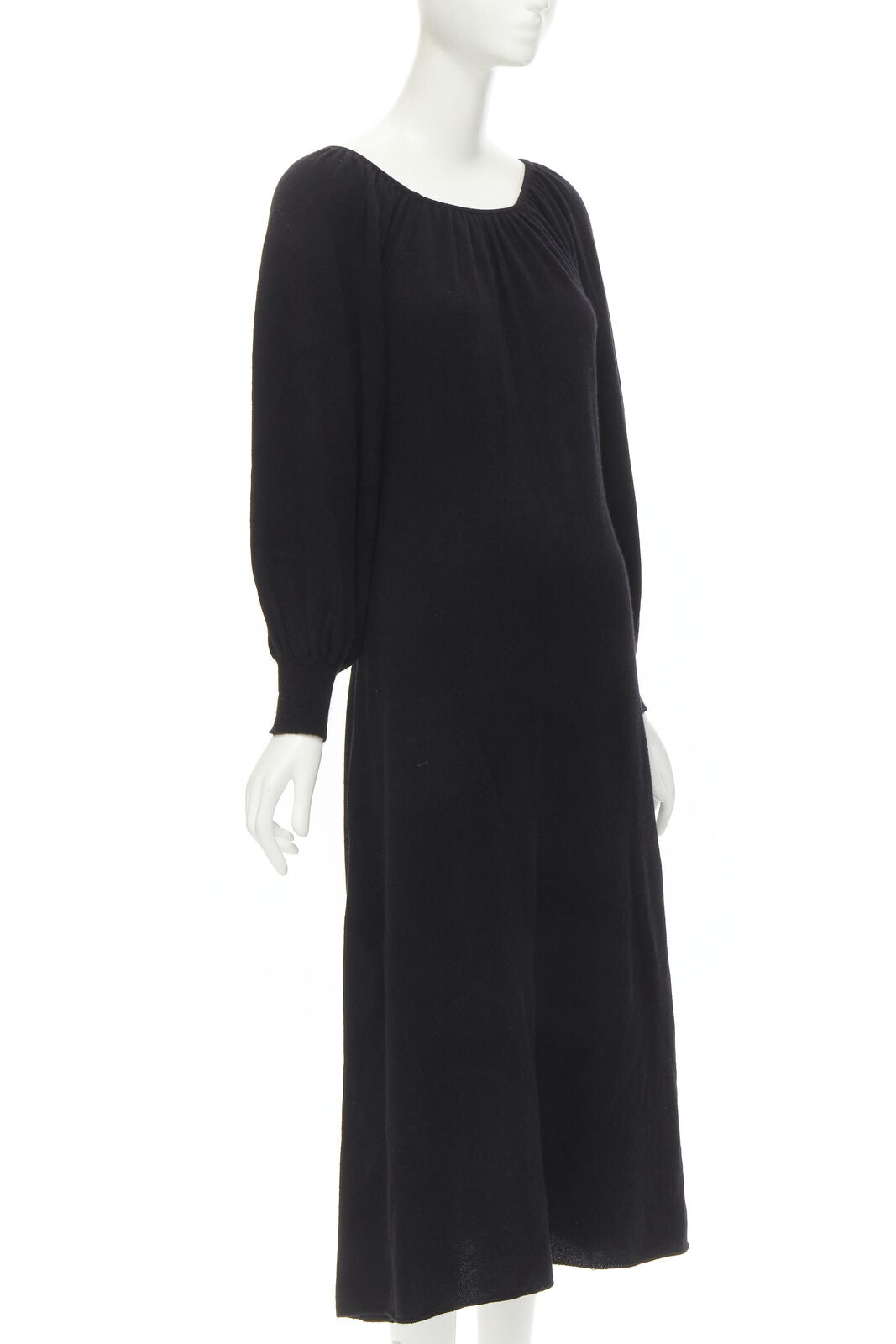 RYAN ROCHE 100% cashmere black pleated collar bubble sleeve midi dress S