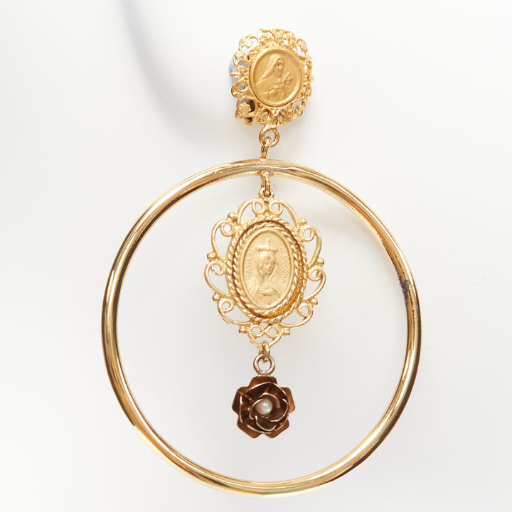 DOLCE GABBANA gold tone Maria pearl rose rosary hoop clip earrings