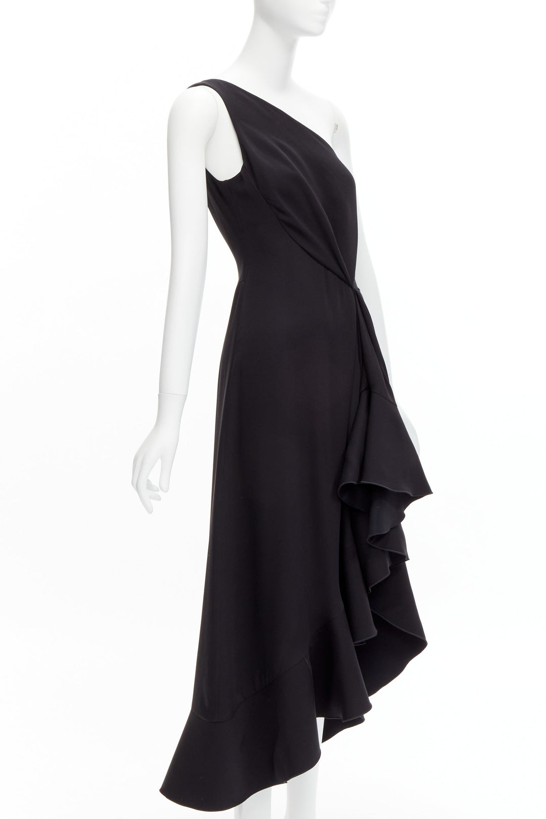 DION LEE black silk one shoulder drape front asymmetric ruffle dress AUS10 M