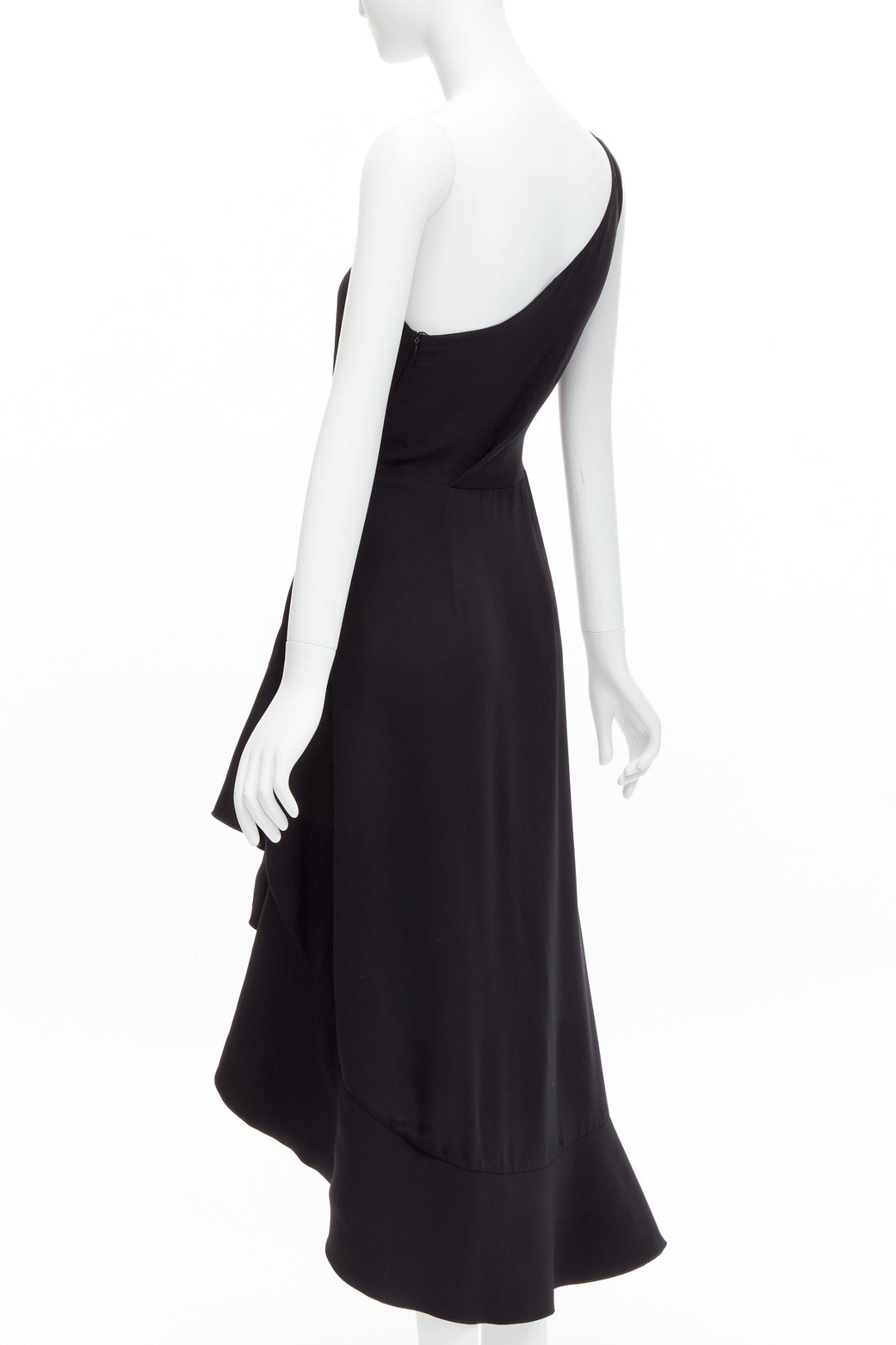DION LEE black silk one shoulder drape front asymmetric ruffle dress AUS10 M