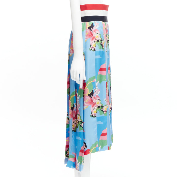THOM BROWNE 100% silk blue floral print web waistband midi skirt IT40 S