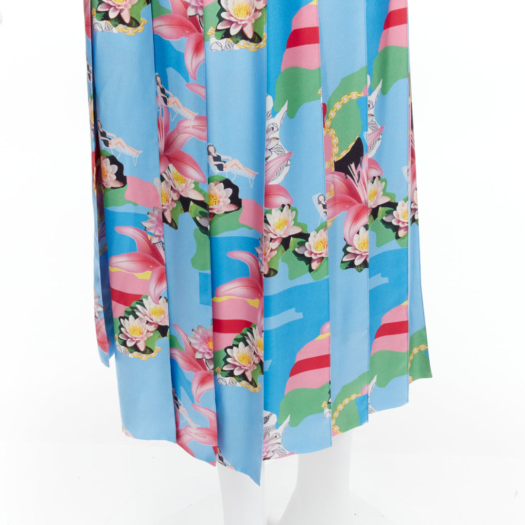 THOM BROWNE 100% silk blue floral print web waistband midi skirt IT40 S