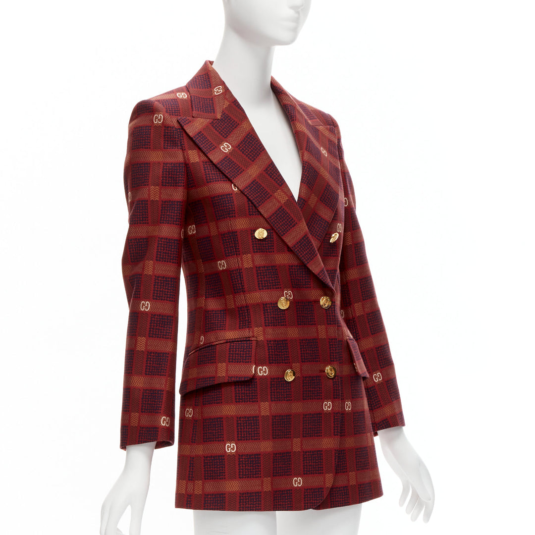 GUCCI Garden Alessandro Michele red GG logo plaid double breasted blazer IT38 XS