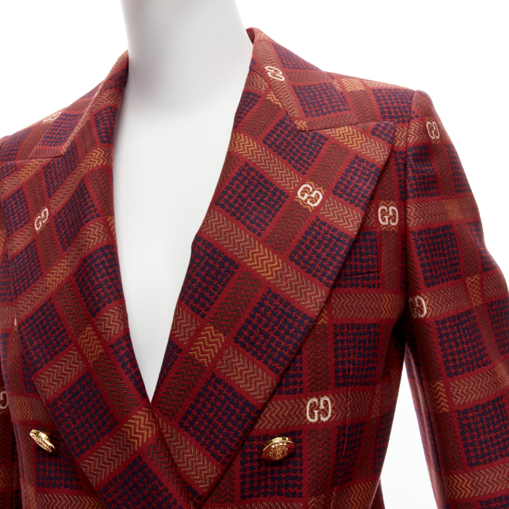 GUCCI Garden Alessandro Michele red GG logo plaid double breasted blazer IT38 XS