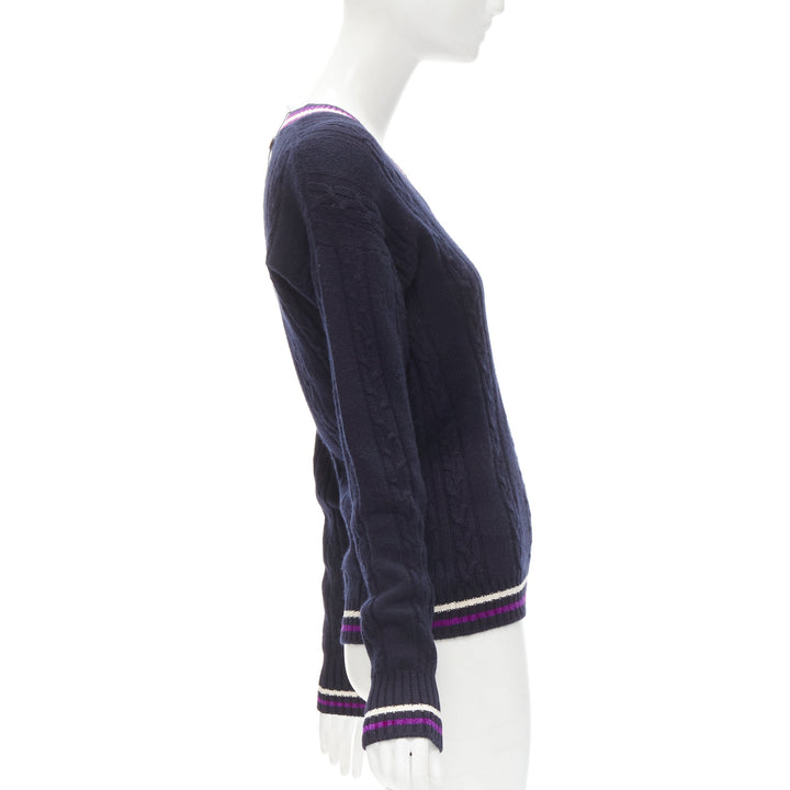 CHANEL cashmere blend navy purple embroidered badge schoolboy sweater FR38 M