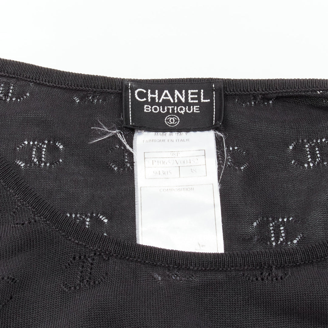 CHANEL 98P Vintage black CC logo monogram Pointelle silk knitted top FR38 M