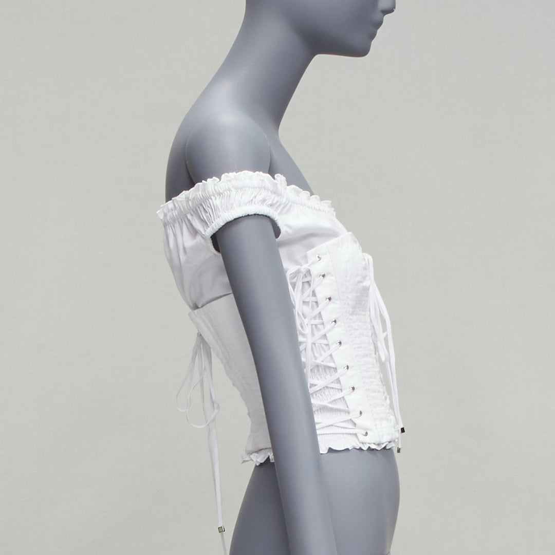 DOLCE GABBANA white cotton silver eyelet corset lace up layered top IT36 XXS