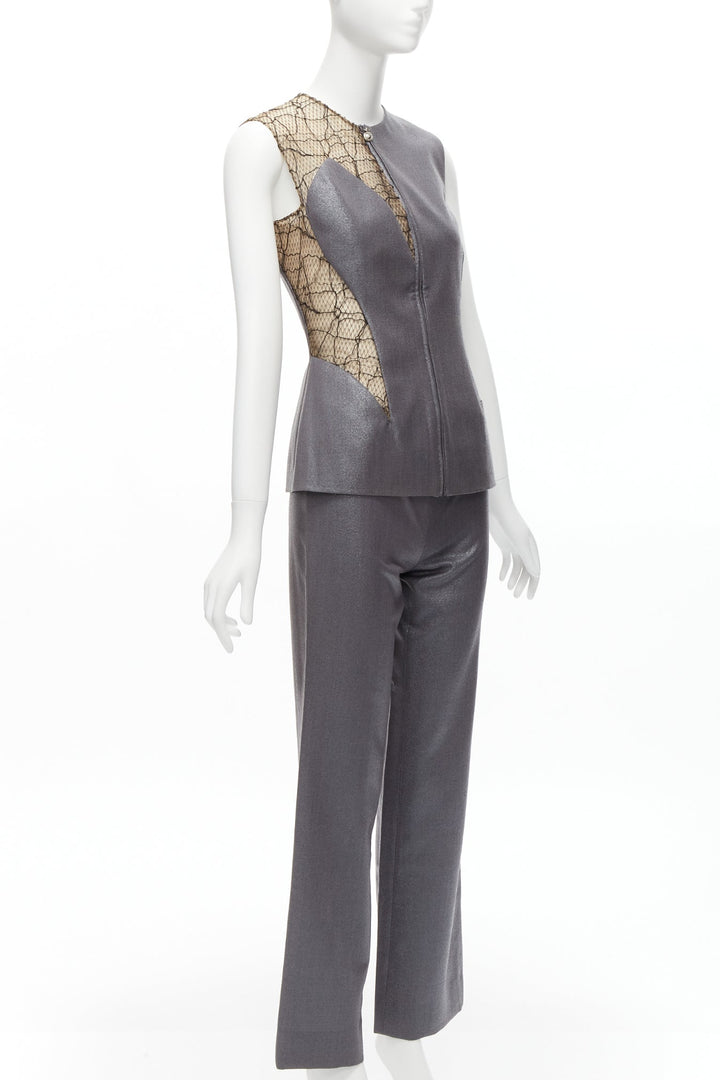 GIANNI VERSACE Vintage Runway grey nude lace mesh illusion vest pants IT38 XS