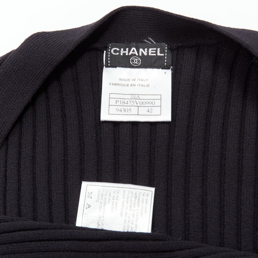 CHANEL 01A Vintage gold CC logo button ribbed cropped cardigan FR42 L