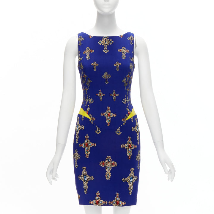 VERSACE 2012 royal blue Byzantine Cross print yellow leather waist shift dress